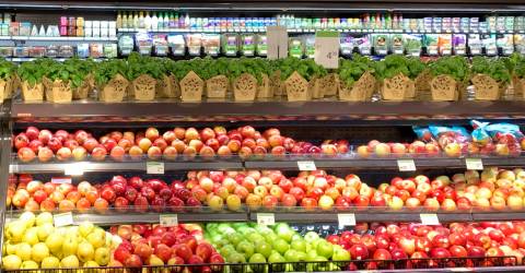 In this image, apples and some plants are displayed in a store.